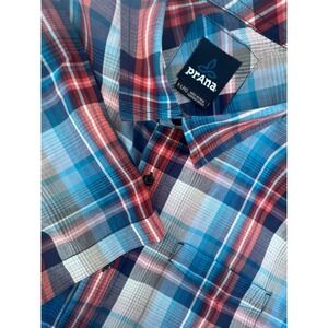 Prana Mens XL Short Sleeve Button Down Shirt Blue Red Plaid Hiking Casual Top